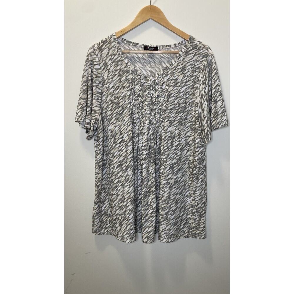 Cocomo Woman Blouse Top Art Pleated Short Sleeve Button Ruffle Gray Size 2X